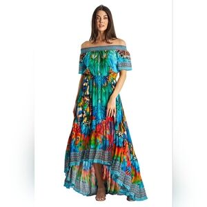 La Moda Resort Off Shoulder Maxi Dress- Blue/Multi